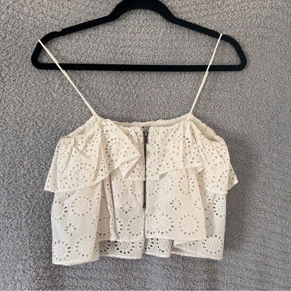 Alice + Olivia Marylynn Eyelet Ruffle Crop Top Ivory - Picture 4 of 5